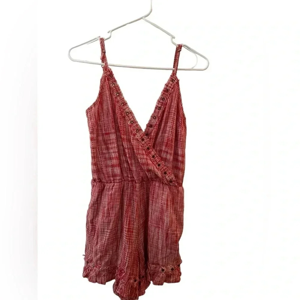 Tularosa Amelia red and white vneck romper with metal grommets